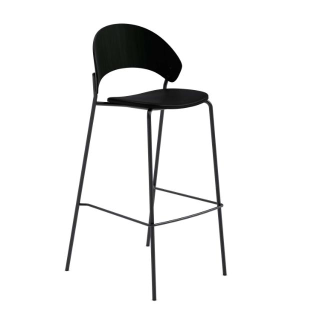 Dosina barstol med polstring - 75 cm - Svart eik m. svart skinn